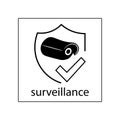 Security camera outline. Vector icon of cctv sign on eps 10. Inscription surveillance. Protection, Shield icon.Tick mark approved